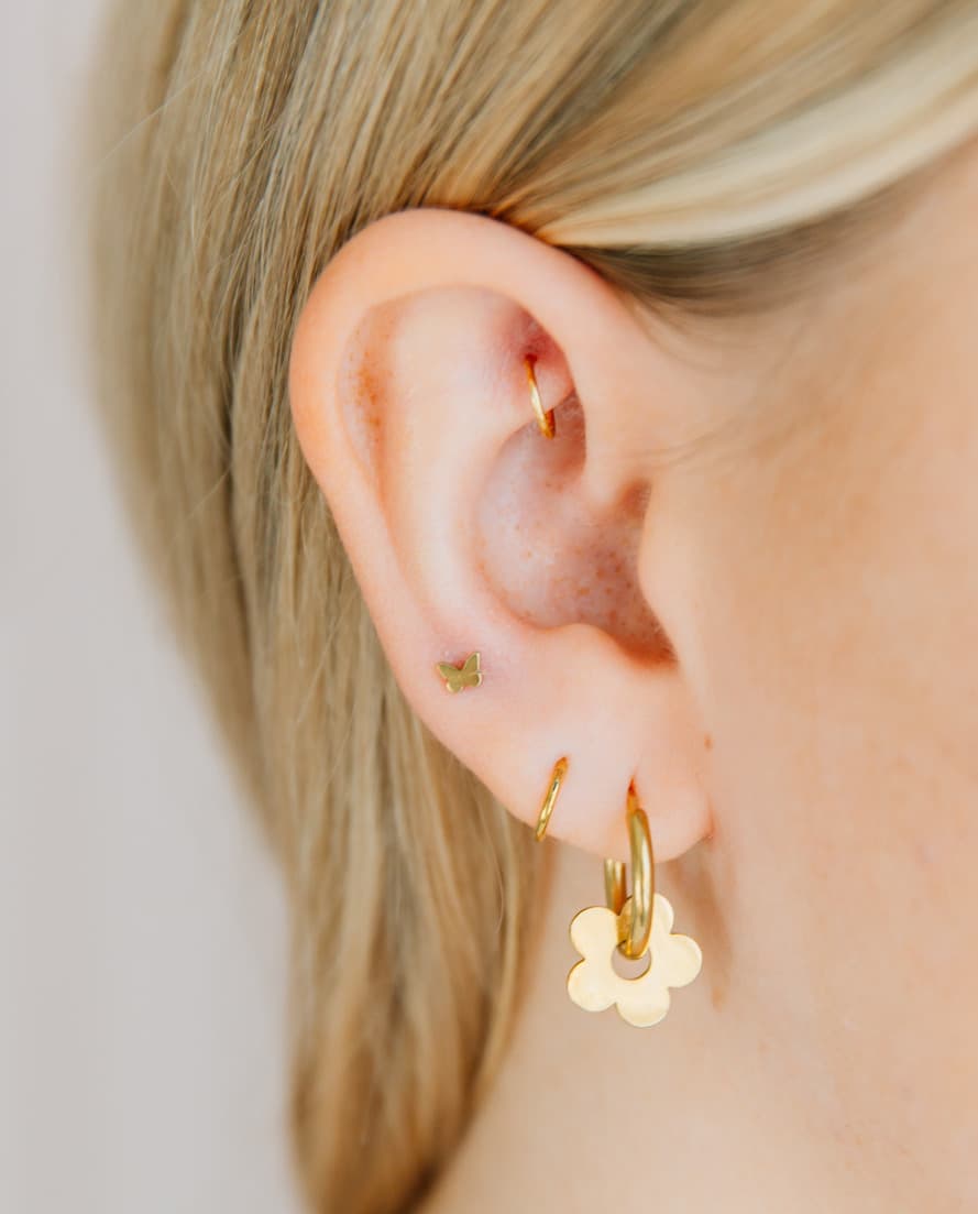 Several ear piercings on the lobe and daith. Piercings performed by hollow needle piercing artist, Lexi Whitaker near American Fork, UT.